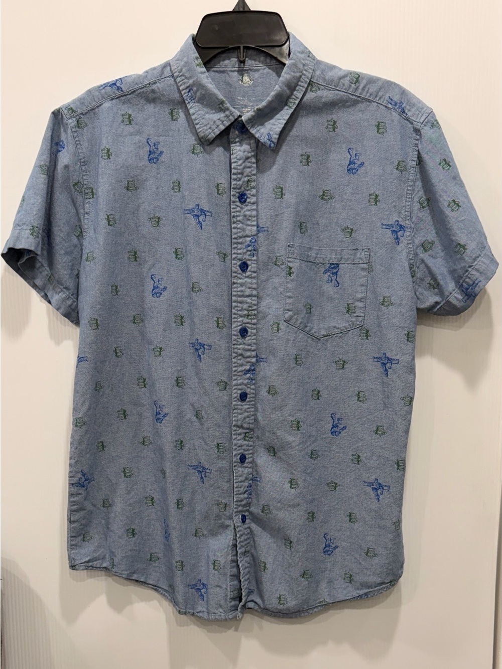 Disney Light Blue Short-Sleeve Button-Up Shirt with Blue & Green Prints